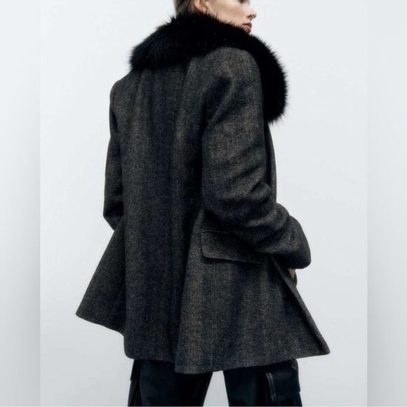 Zara Black/Gray Removable Faux Fur Collar Blazer/Jacket(Size Medium) - Picture 6 of 13